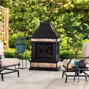 Sunjoy Sofie Outdoor Fireplace, Heirloom Patio Wood Burning Steel Fireplace with Chimney, Spark Screen, Fire Poker, and Removable Grate - Melillo EnterprisesAll categories